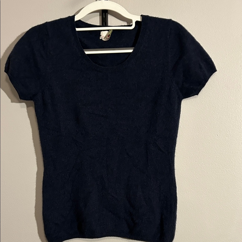Fair Trade Cashmere Navy Women's Crew Neck Short Sleeve Sweater